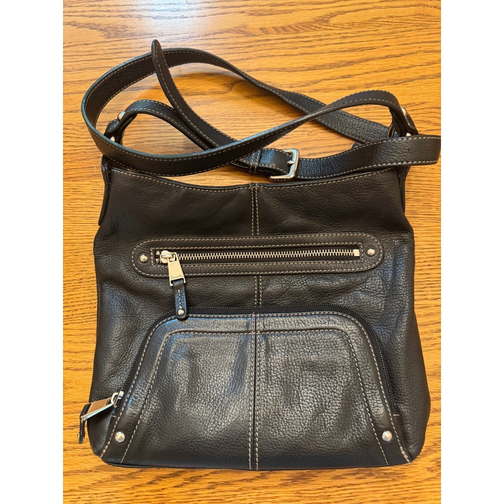 Tignanello Black Pebbled Leather Crossbody Organizer Bag Silver Hardware